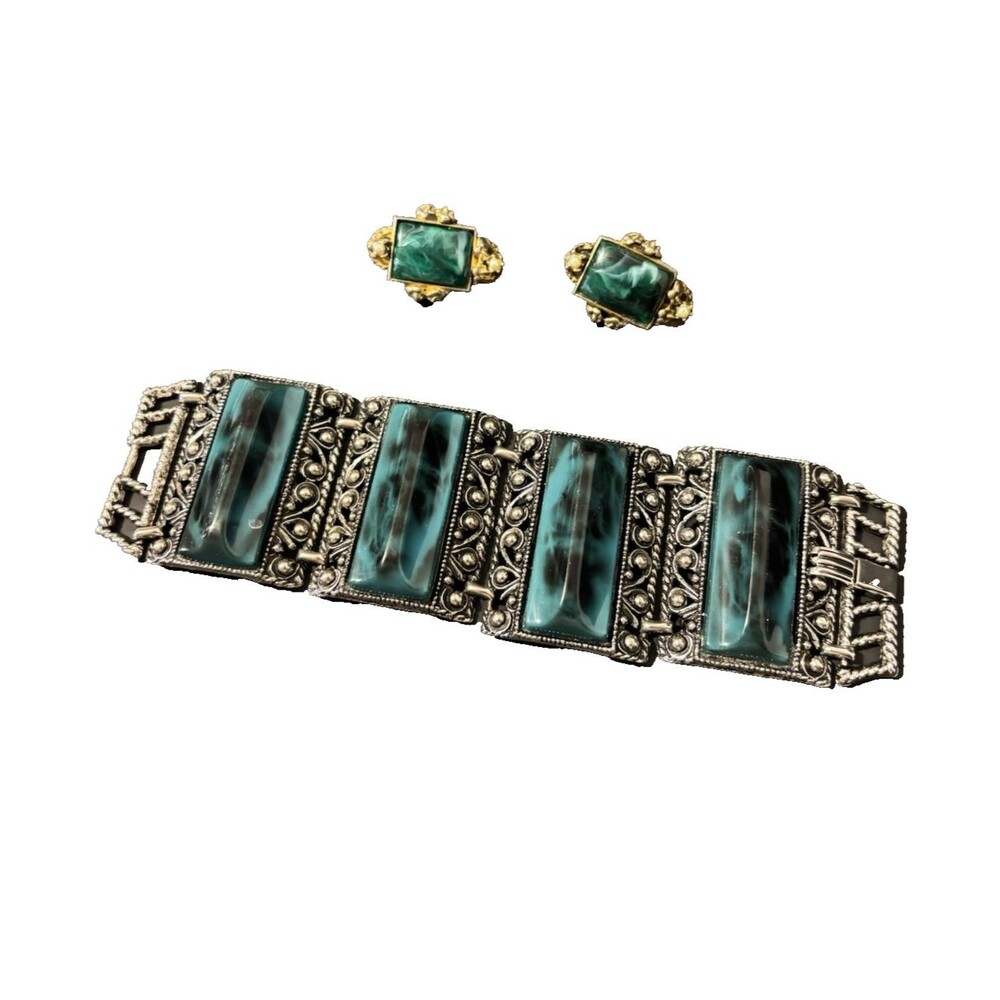 Vtg Unmarked Blue Black Marble Panel Chunky Wide 2” Bracelet 7” Clip Earrings